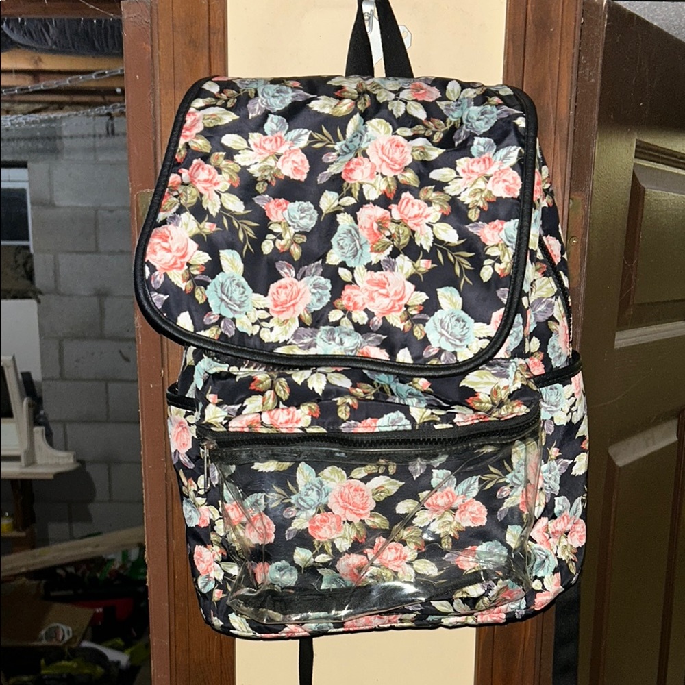 Floral Backpack with clear pouch and two cup holders